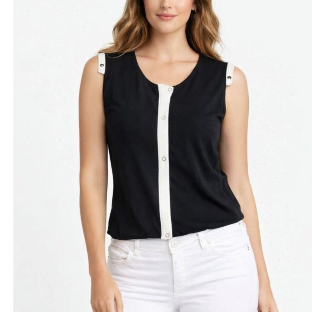 Jamie Sadock Women's Black White Stripe Studded Sleeveless Full Zip Top Size S